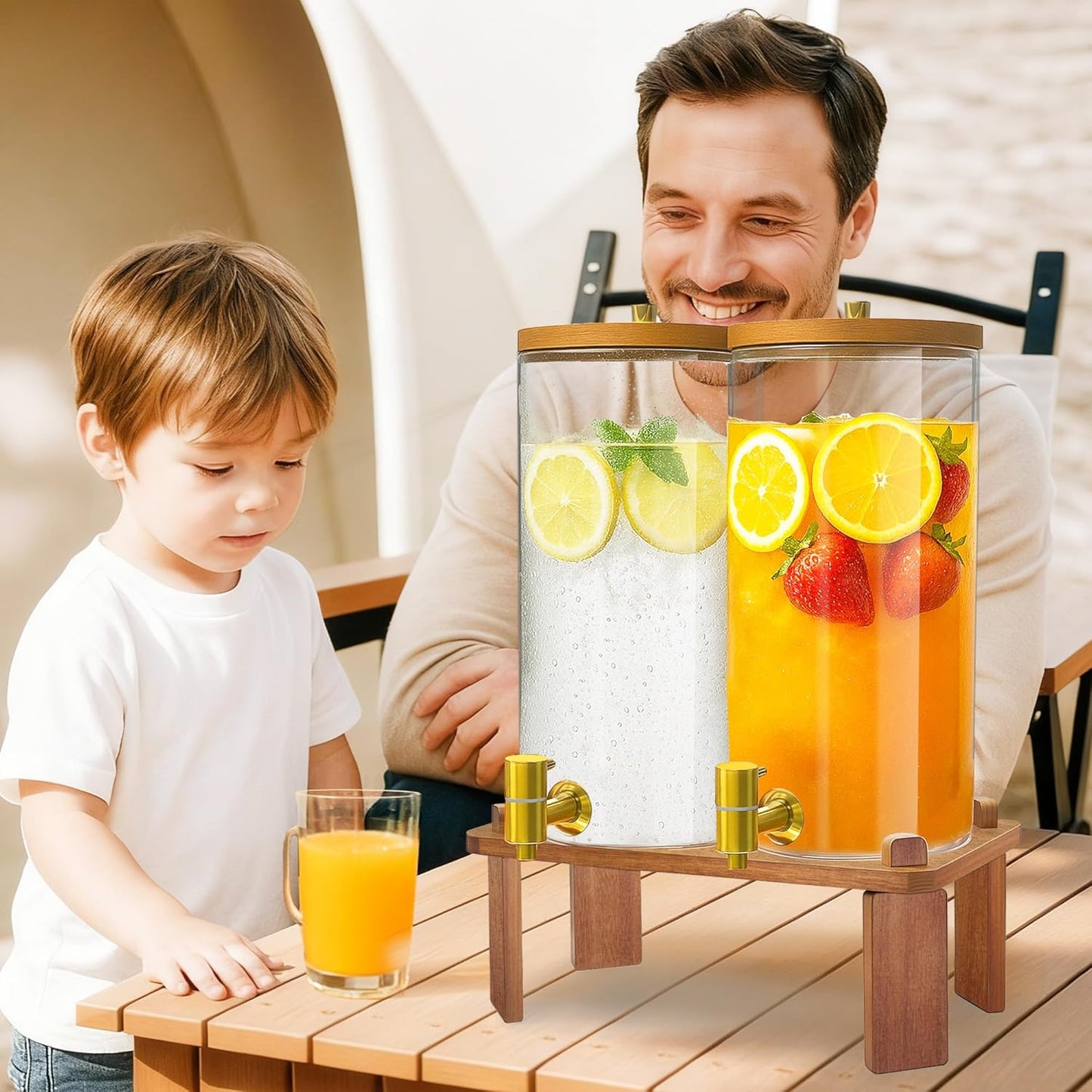 2PCS Drink Dispenser, 1.5 Gallon Each Glass Beverage Dispenser with Wood Stand and Stainless Steel Faucet Ideal for Juice, Lemonade, and Tea,Large Drink Dispenser for Parties and Home Use