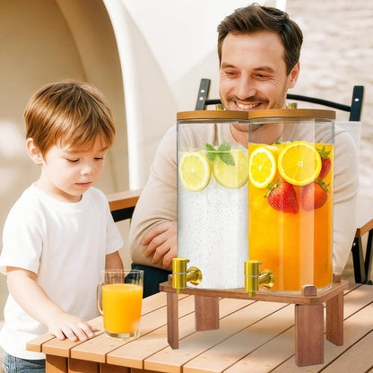 2PCS Drink Dispenser, 1.5 Gallon Each Glass Beverage Dispenser with Wood Stand and Stainless Steel Faucet Ideal for Juice, Lemonade, and Tea,Large Drink Dispenser for Parties and Home Use
