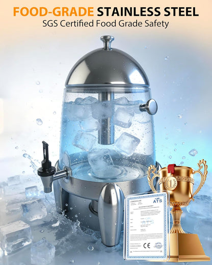 Beverage Dispenser with Stand,2 Gallon Drink Dispenser for Parties,Events,Buffet &Self-Serve,Dual Ice Tube Core Fruit Infuser,Leakproof Spigot,Clear PC Container,Stainless Steel Lid&Base