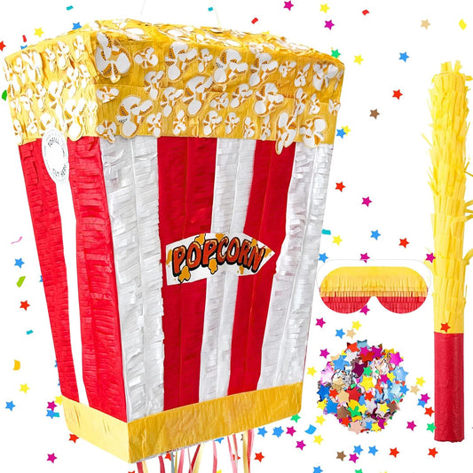 Popcorn Pinata Large Circus Piñata with Stick Hanging Loop Blindfold Star Confetti for Birthday Carnival Circus Party Video Movie Night Holiday Celebration Baby Shower Supplies 15 × 11.8 × 5.9 Inches