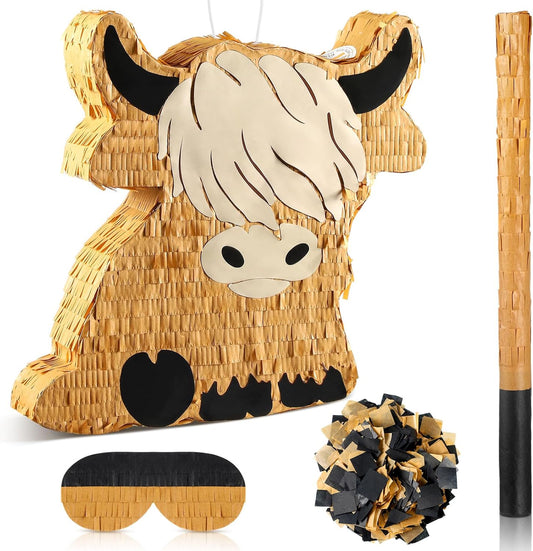 Sratte Cute Highland Cow Piñata Party Supplies Piñata with Blindfold Bat Confetti Highland Cow Decorations for Theme Birthday Party Supplies, 15.75 x 14.37 x 2.76 Inch