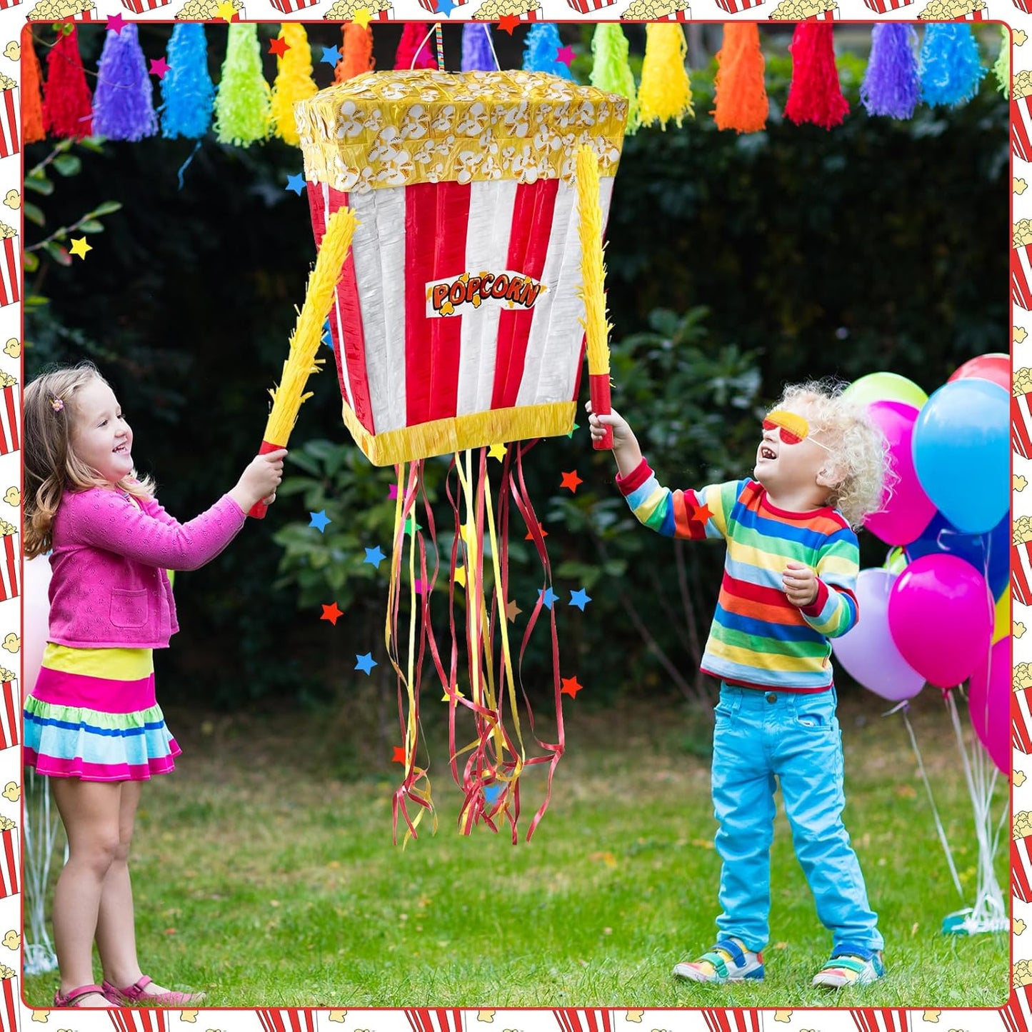 Popcorn Pinata Large Circus Piñata with Stick Hanging Loop Blindfold Star Confetti for Birthday Carnival Circus Party Video Movie Night Holiday Celebration Baby Shower Supplies 15 × 11.8 × 5.9 Inches