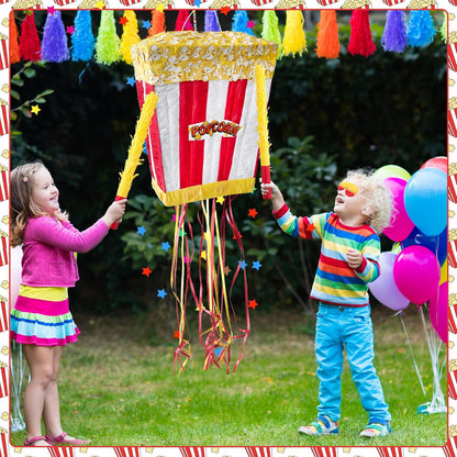 Popcorn Pinata Large Circus Piñata with Stick Hanging Loop Blindfold Star Confetti for Birthday Carnival Circus Party Video Movie Night Holiday Celebration Baby Shower Supplies 15 × 11.8 × 5.9 Inches