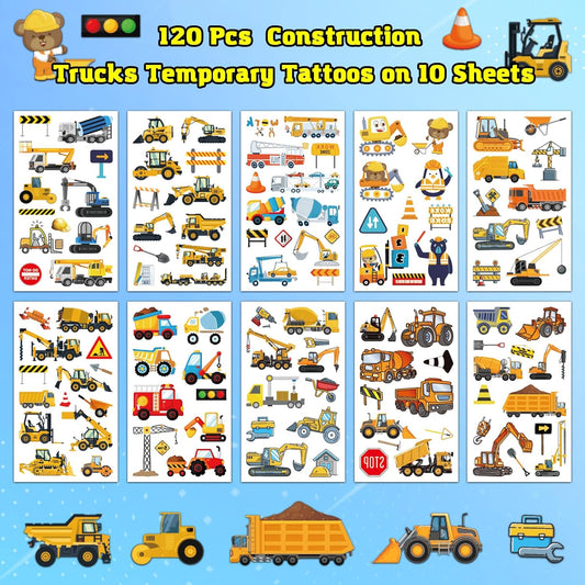 10 Sheets Construction Trucks Temporary Tattoo for Kids, 120 Pcs Vehicles Fake Tattoos for Boys Party Favors, Cars Birthday Supplies Decorations