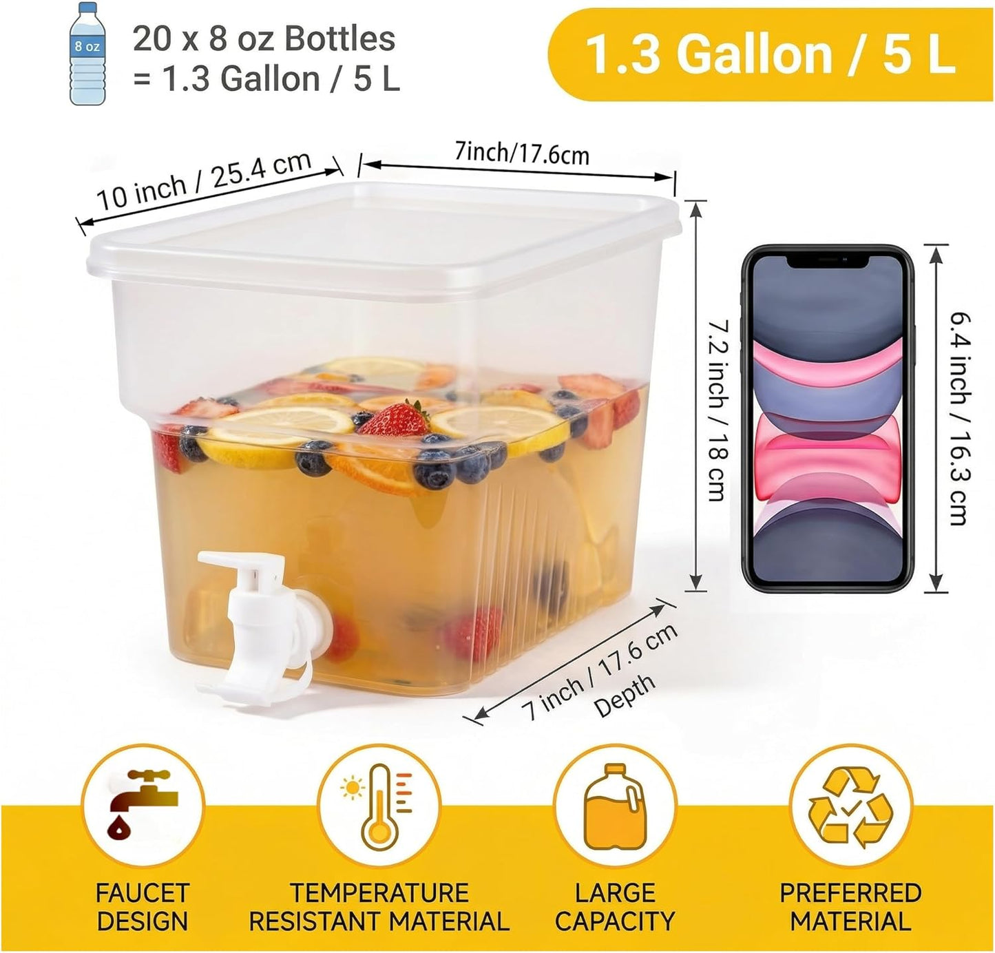 BEWBBAT 4 Pack 1.3 Gallon Drink Dispenser with Spigot for Fridge, Leakproof Plastic Water Container Fridge Beverage Dispenser Ice Juice Dispenser with Spigot for Home Party Restaurant Bar Buffet