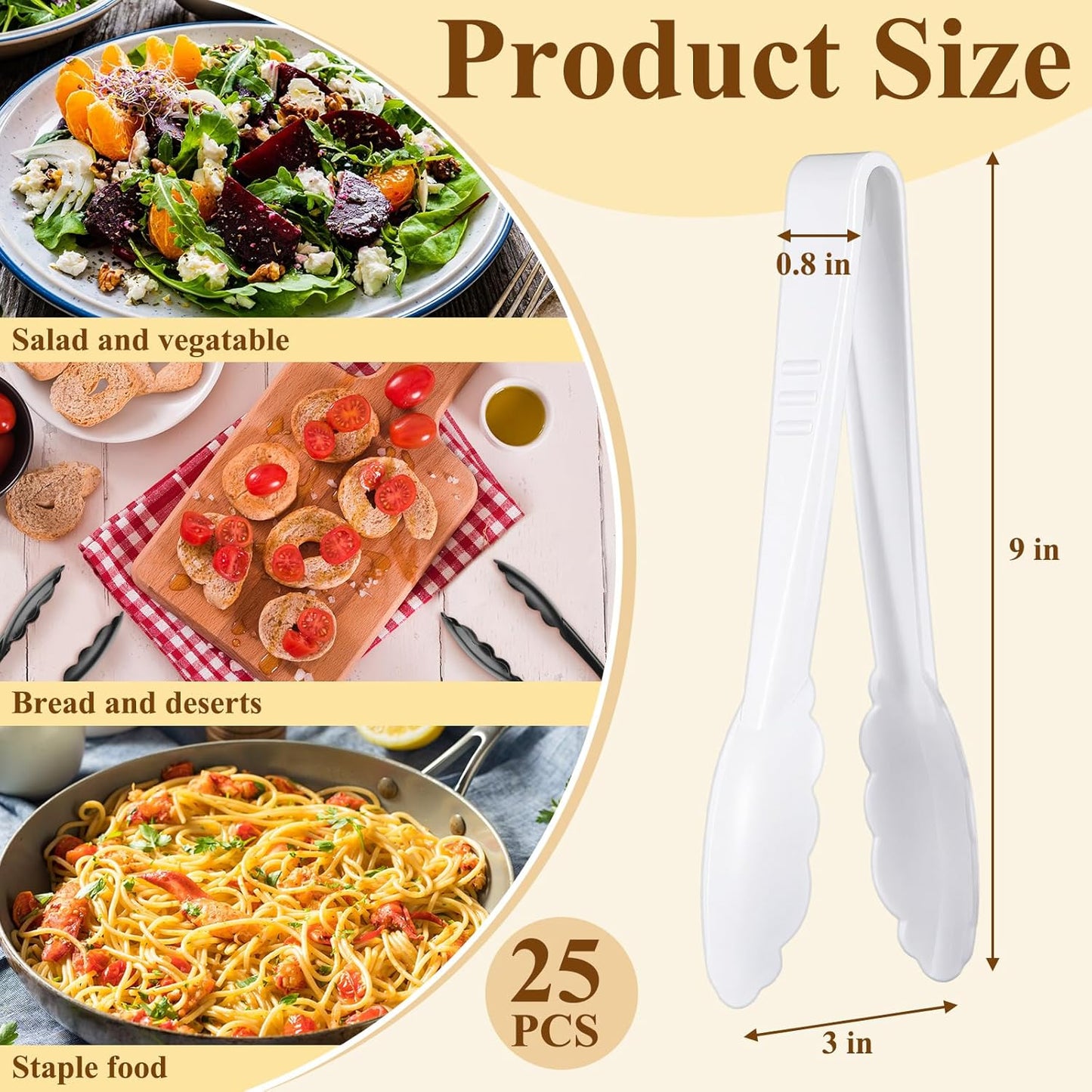 Tessco for you 25 Pcs Plastic Tongs for Serving Bulk, 9 Inch Plastic Disposable Serving Tongs, Heavy Duty Salad Tong for Kitchen, Buffet, BBQ, Events & Catering (White)
