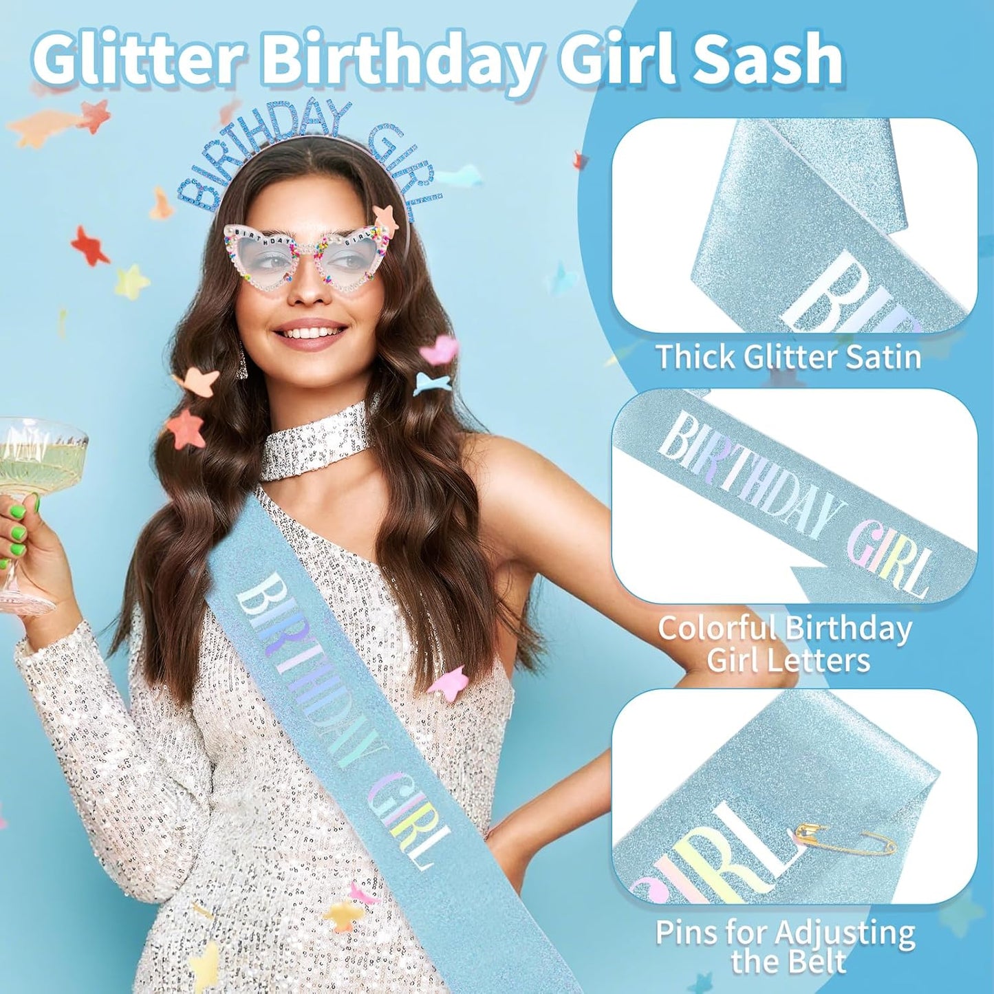 3Pcs Birthday Girl Sash Headband Set-Birthday Sash Tiara and Crown Sunglasses for Girls Women