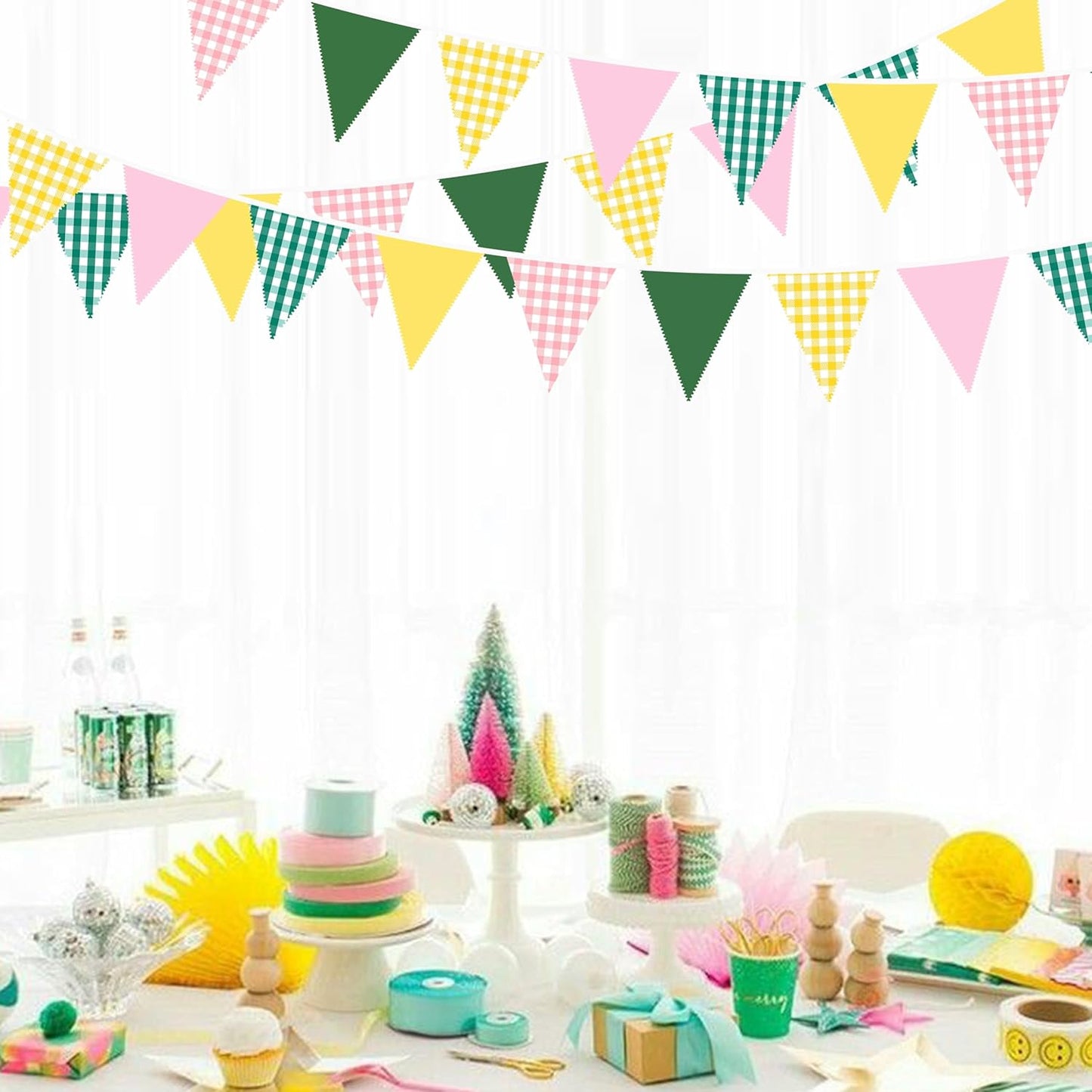 32Ft Dusty Blue Party Decorations Retro Blue Gingham Triangle Banner Flag Pennant Fabric Garland Streamers for Nautical Wedding Birthday Ahoy Achor Bridal Baby Shower Under The Sea Decor Supplies