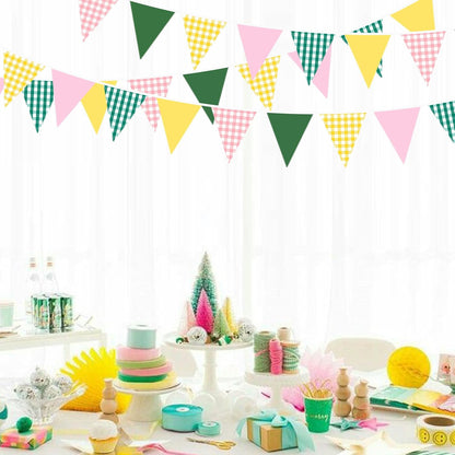 32Ft Dusty Blue Party Decorations Retro Blue Gingham Triangle Banner Flag Pennant Fabric Garland Streamers for Nautical Wedding Birthday Ahoy Achor Bridal Baby Shower Under The Sea Decor Supplies