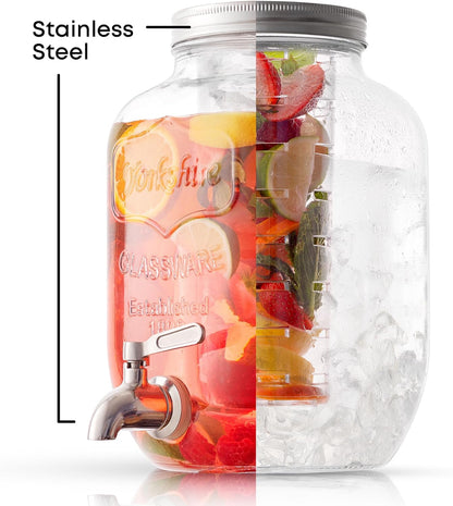 1-Gallon Drink Dispenser. Glass Beverage Dispenser with Stainless steel Spigot plus Ice Cylinder and Fruit Infuser! Water Dispenser, Lemonade Stand, Juice Container - Drink Dispensers for Parties