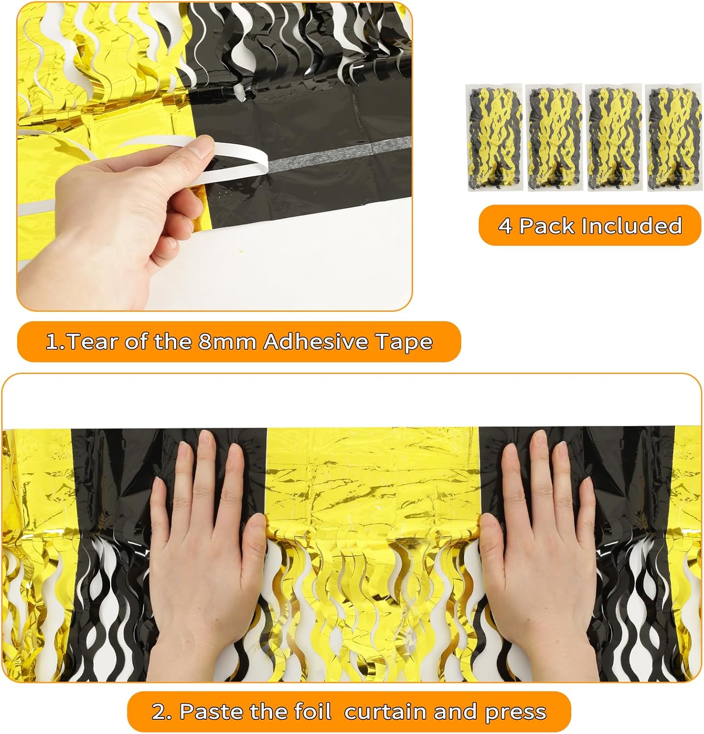4 Pack Wavy Champagne Gold Metallic Tinsel Foil Fringe Curtains Backdrop - 3.3X6.6ft Foil Fringe Backdrop for Parties | Door Streamers for Birthday | Photo Booth Backdrops Party Decor