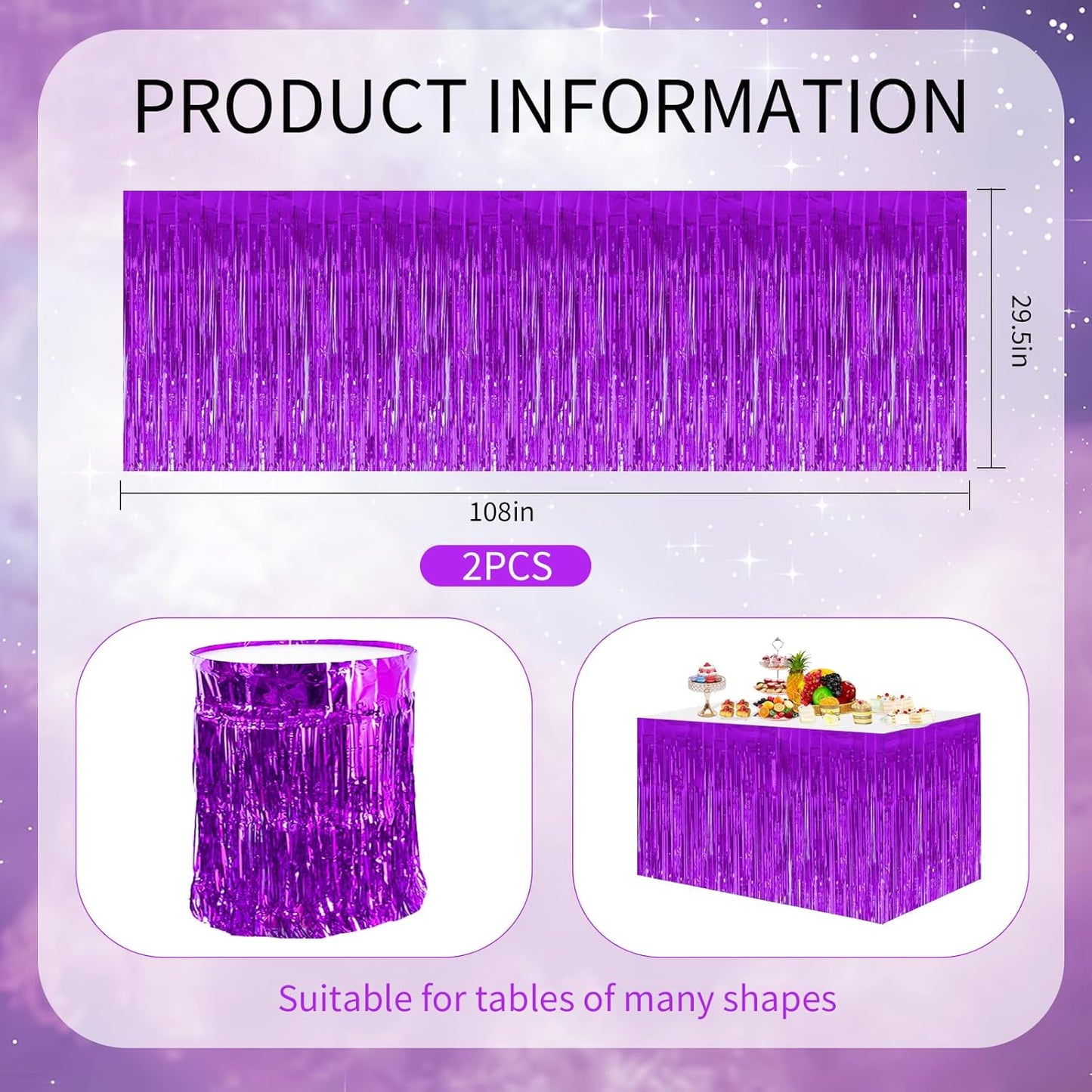 BEISHIDA 2 Pack Metallic Tinsel Foil Fringe Table Skirts for Rectangle & Round Tables Hot Pink Kids' Birthday, Holiday Cartoon Party Decorations for Birthday Valentines Baby Shower Festive Events