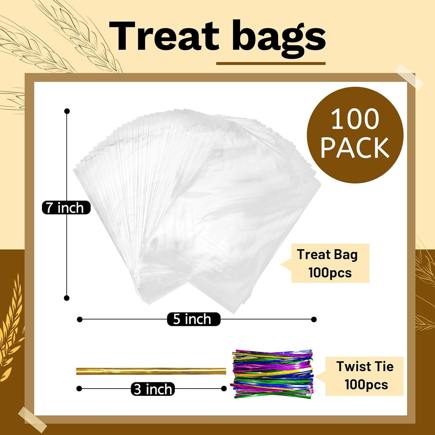 LOKQING Clear Cellophane Treat Bags 6 x 10 in, 100 Pack Mothers Day Gift Bags with Twist Ties, Bags for Cookies, Candy, Party Favors, Bakery Packaging and Small Gifts