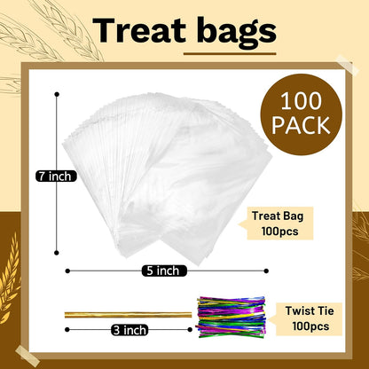 LOKQING Clear Cellophane Treat Bags 6 x 10 in, 100 Pack Mothers Day Gift Bags with Twist Ties, Bags for Cookies, Candy, Party Favors, Bakery Packaging and Small Gifts