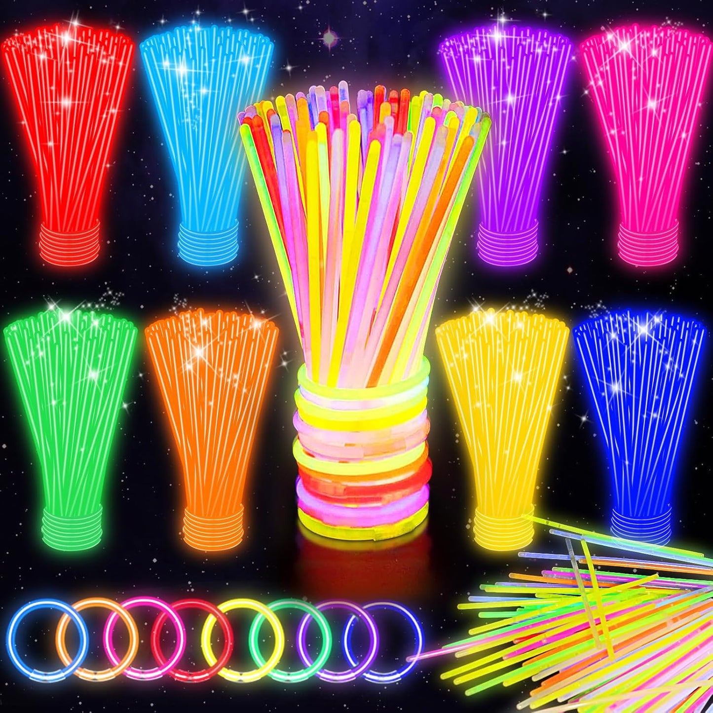 SHQDD 100 Glow Sticks Bulk Party Pack, 8” Neon Glow Sticks, DIY Glowsticks with Connectors Bracelets & Necklaces, Glow in the Dark Party Supplies for Kids, Adults, Parties, Halloween & New Year