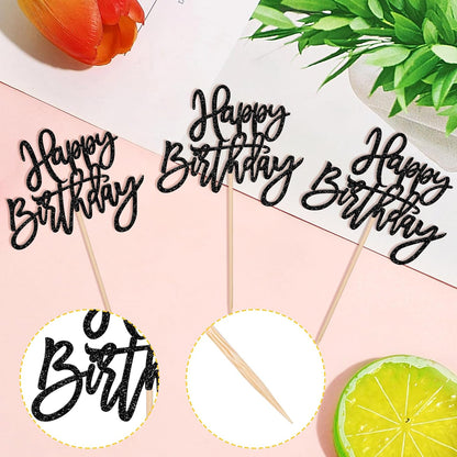 24 PCS Happy Birthday Cupcake Toppers Glitter Picks for Celebrating Anniversary Theme Party Cake Decorations Supplies Gold