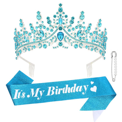 CURASA Birthday Tiara and Sash - Silver Birthday Crown for Women, Perfect for Parties and Celebrations
