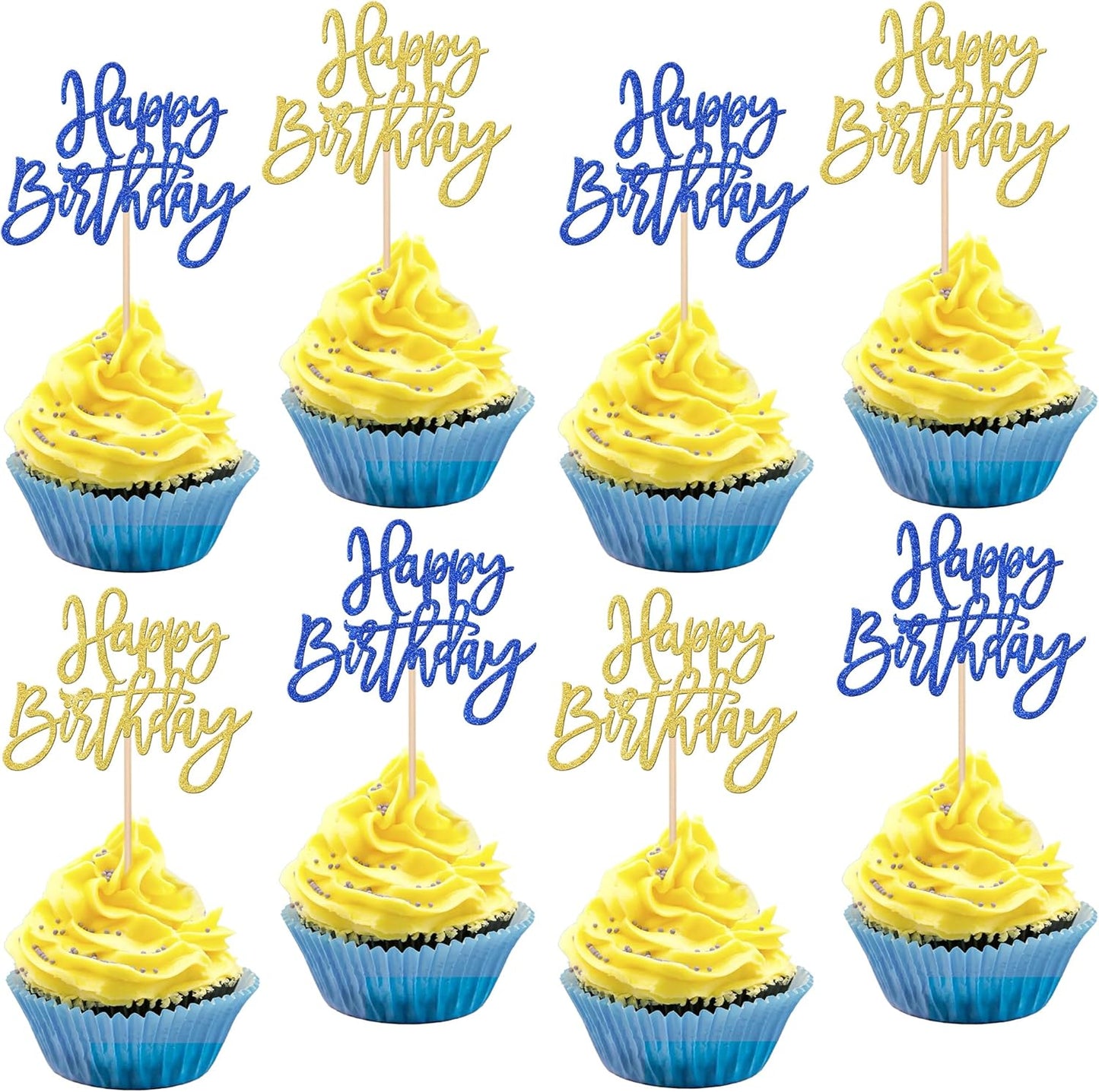 24 PCS Happy Birthday Cupcake Toppers Glitter Picks for Celebrating Anniversary Theme Party Cake Decorations Supplies Gold