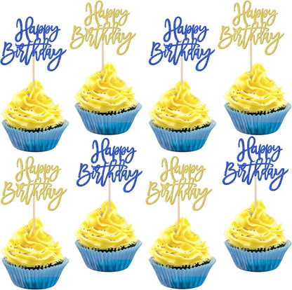 24 PCS Happy Birthday Cupcake Toppers Glitter Picks for Celebrating Anniversary Theme Party Cake Decorations Supplies Gold