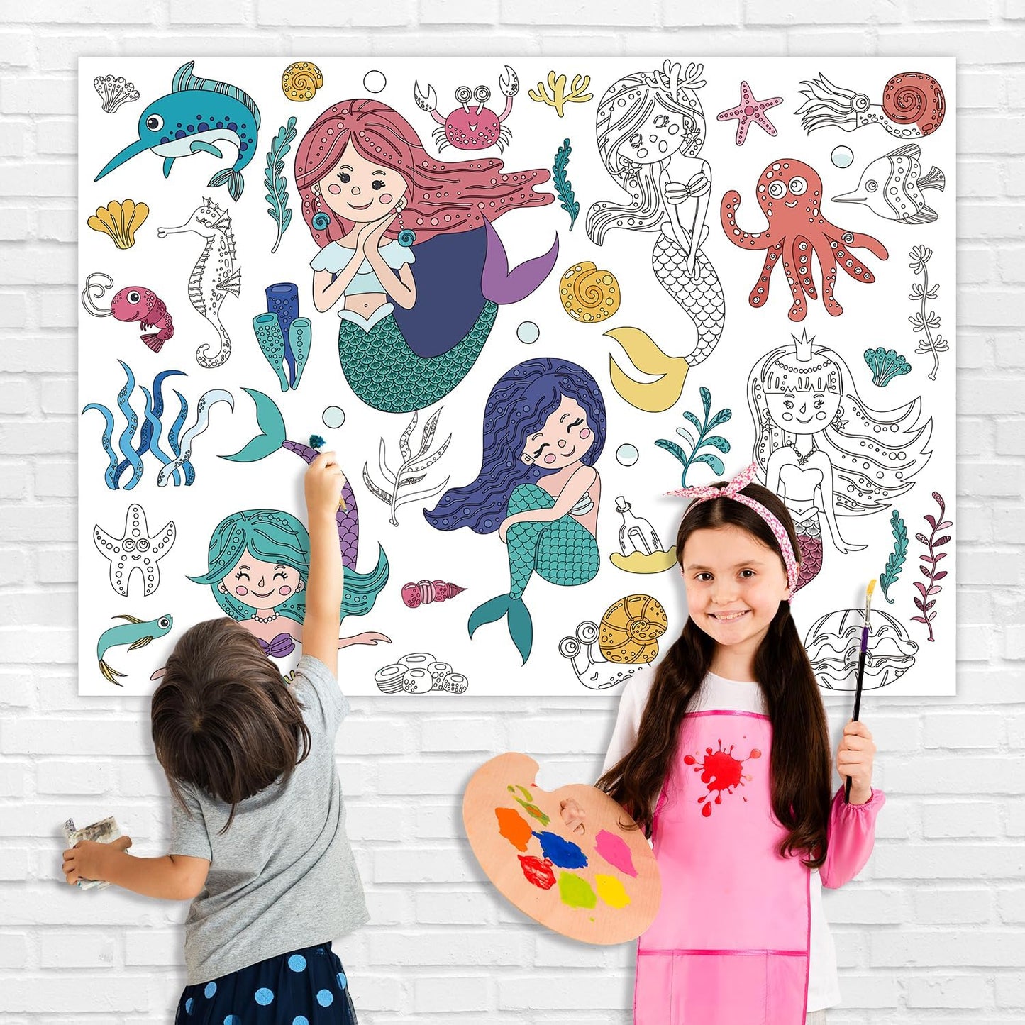 43.3x31.5 Summer Coloring Poster with Picture, Giant Cute Painting Poster, Large Coloring Tablecloth for Classroom Home Birthday Party Supplies Favor