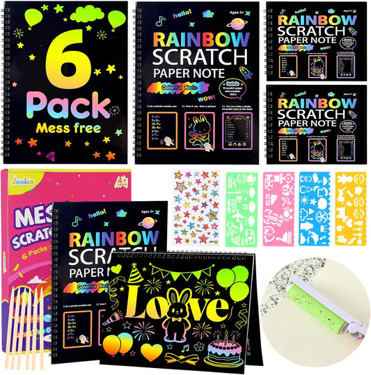 JMMICO Rainbow Scratch Paper,100 PCS Scratch Notes with Reusable Cleaner Tool, Crafts for Kids Ages 4-8, Classroom Prizes, Birthday Party Favors for Kids 3-5
