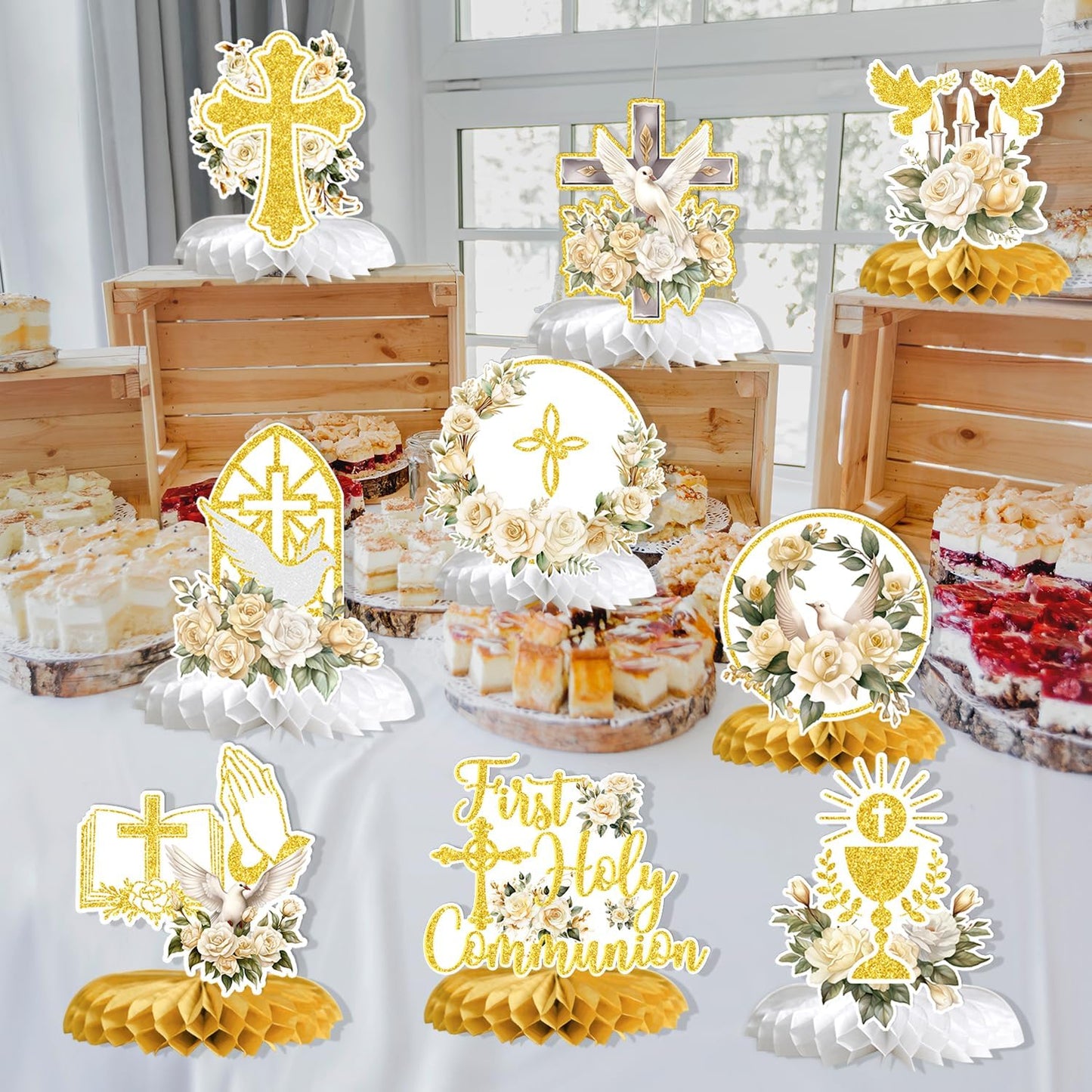 First Holy Communion Honeycomb Centerpieces, Baptism Decorations, God Bless Religious Party Table Decor, First Communion Table Centerpiece, Christening Baby Shower Party Decorations 9PCS