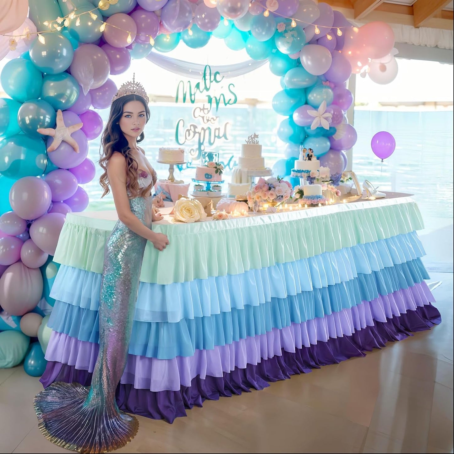 6ft Rainbow Tutu Table Skirt for Rectangle Round Tables Chiffon Table Cloth for Birthday Party Decorations Baby Shower Parties Ruffle Table Skirting