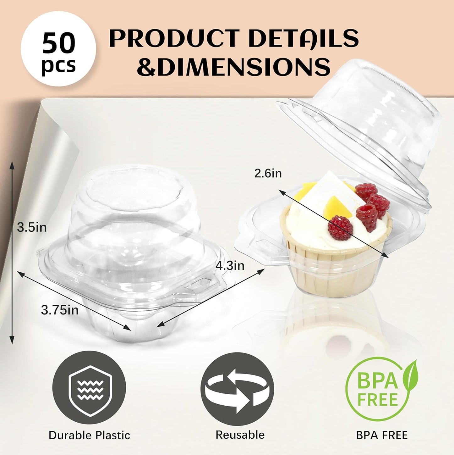 WIKDAY 50 Pack Individual Cupcake Containers, Plastic Cupcake Boxes with Lids, Stackable and Reusable, Clear Design for Cupcakes, Muffins, Donuts, Salad Storage