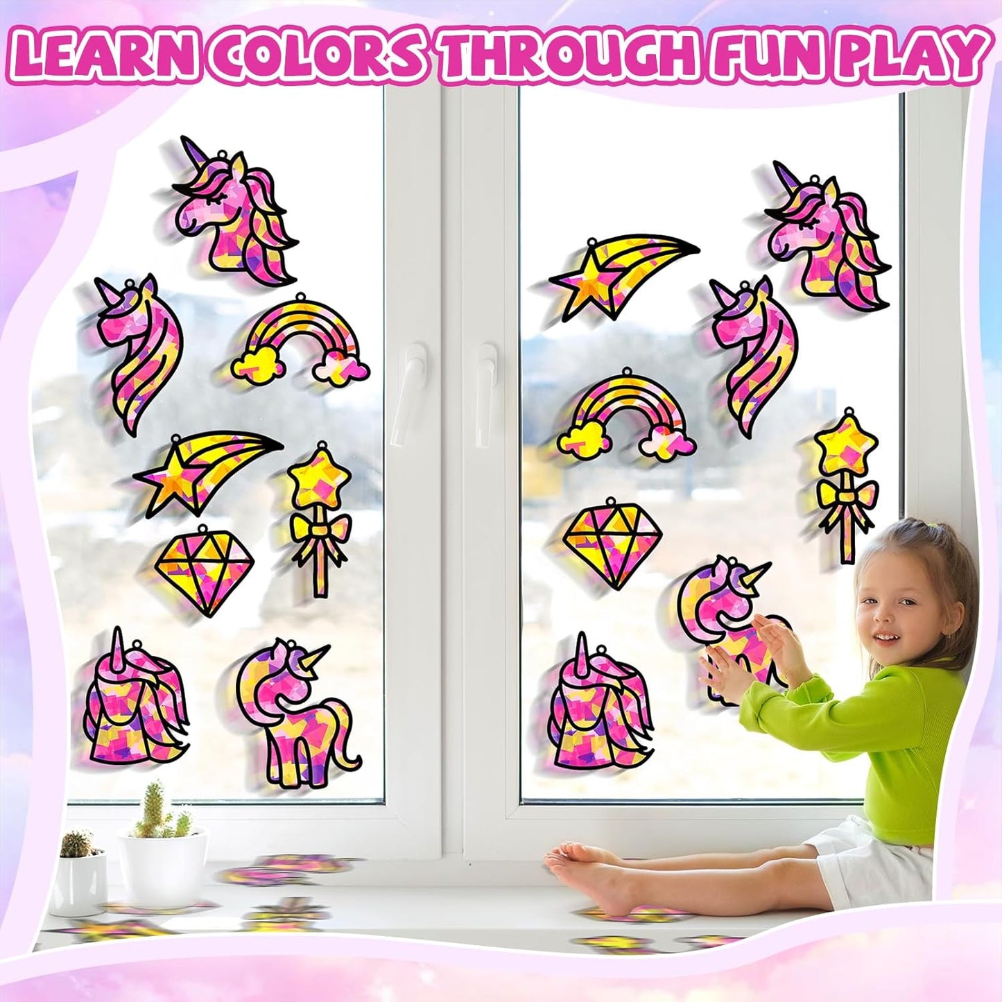 QOUBAI 32 Sets Stars Suncatchers Craft Back to School DIY Stained Glass Window Patriotic 4th of July Paper Craft Home School Classroom Decor Kid Birthday Gift Creative Art Activity Game - Colors A