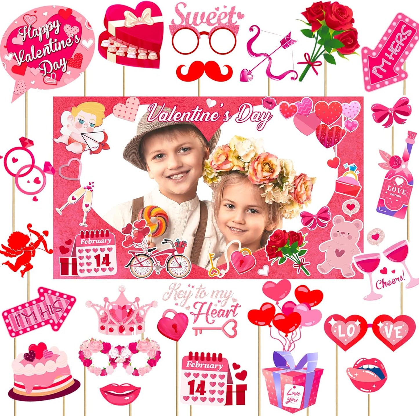Valentine's Day Photo Booth Props - 1 Pcs Large Size Valentines Photo Props Frame and 23 Pcs Happy Lovers Selfie Photo Booth Props for Valentines Day Party Decorations Favors Supplies