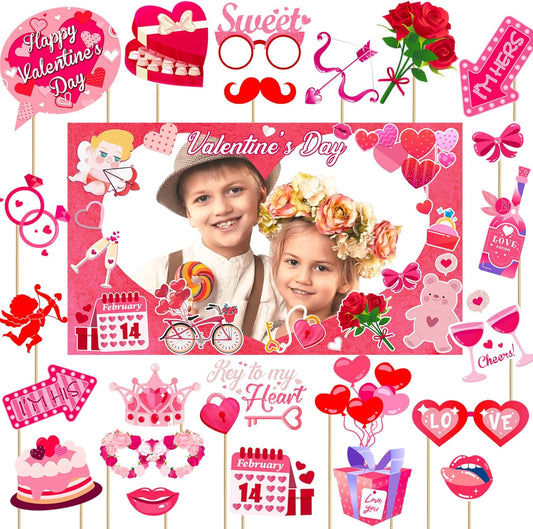 Valentine's Day Photo Booth Props - 1 Pcs Large Size Valentines Photo Props Frame and 23 Pcs Happy Lovers Selfie Photo Booth Props for Valentines Day Party Decorations Favors Supplies