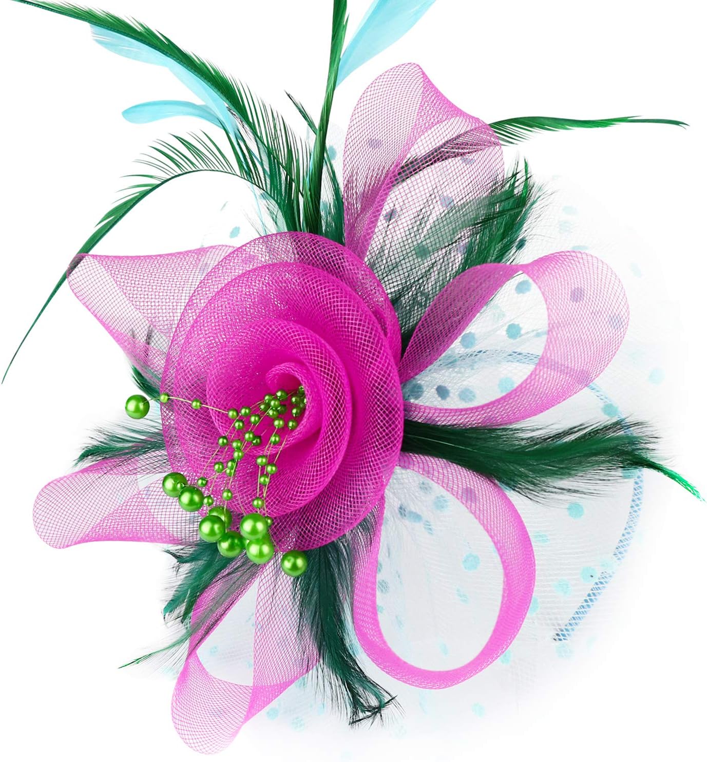 DRESHOW Fascinators Hat Flower Mesh Ribbons Feathers on a Headband and a Clip Tea Party Headwear for Girls and Women - Colors B