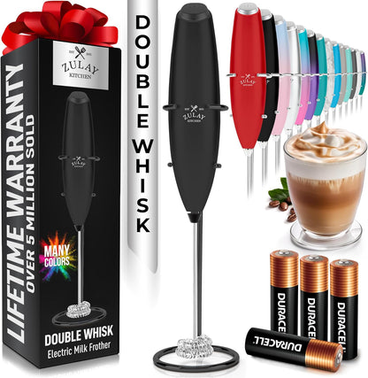 Zulay Kitchen Powerful Milk Frother Wand With Duracell Batteries - Ultra Fast Handheld Drink Mixer - Electric Whisk Foam Maker for Coffee, Lattes, Cappuccino & Matcha - Z1 Motor - Black - Colors D