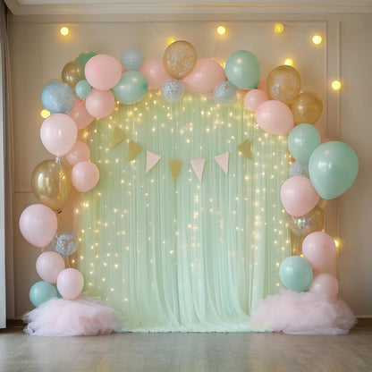 Fomcet Tulle Backdrop Curtains with Lights String White 10FT X 8FT Sheer Curtain with Lights Tulle Curtains Backdrop for Wedding Birthday Party Baby Shower Photo Shoot (2 Panels 5x8FT)