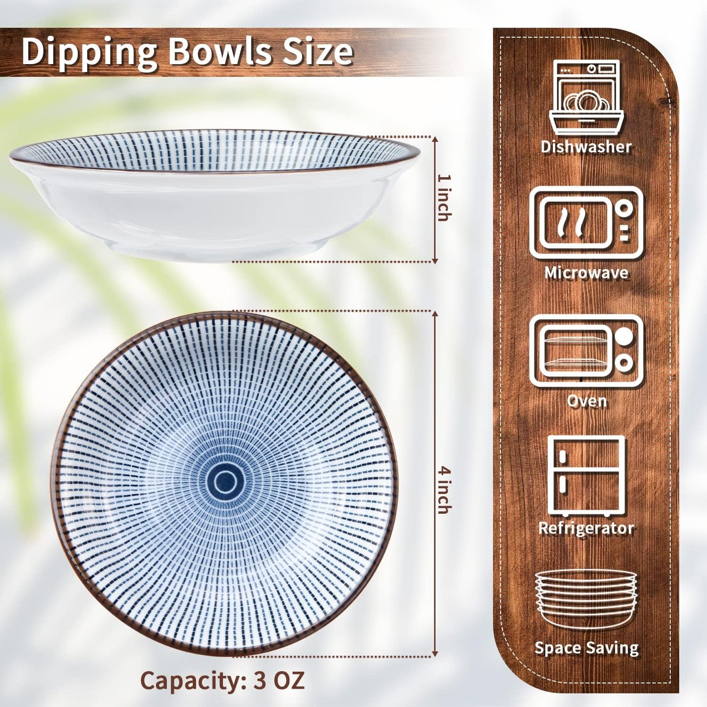 Dipping Bowls, Soy Sauce Dish Ceramic, 3 OZ Small Serving Bowls for Side Dishes Vintage Blue Stylish Design, Set of 6 Mini Appetizer Plates for Condiment Sushi Ketchup BBQ Party, 4 Inch