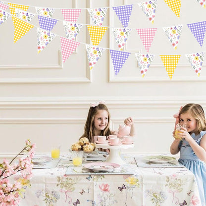 32Ft Dusty Blue Party Decorations Retro Blue Gingham Triangle Banner Flag Pennant Fabric Garland Streamers for Nautical Wedding Birthday Ahoy Achor Bridal Baby Shower Under The Sea Decor Supplies