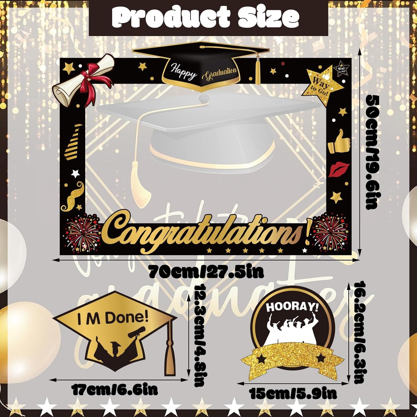 2026 Graduation Photo Booth Props, Black Gold Graduation Photo Prop Frame & Grad Photo Booth Props, Funny Grad Party Selfie Props, Selfie Photo Frame for High School and College Grad