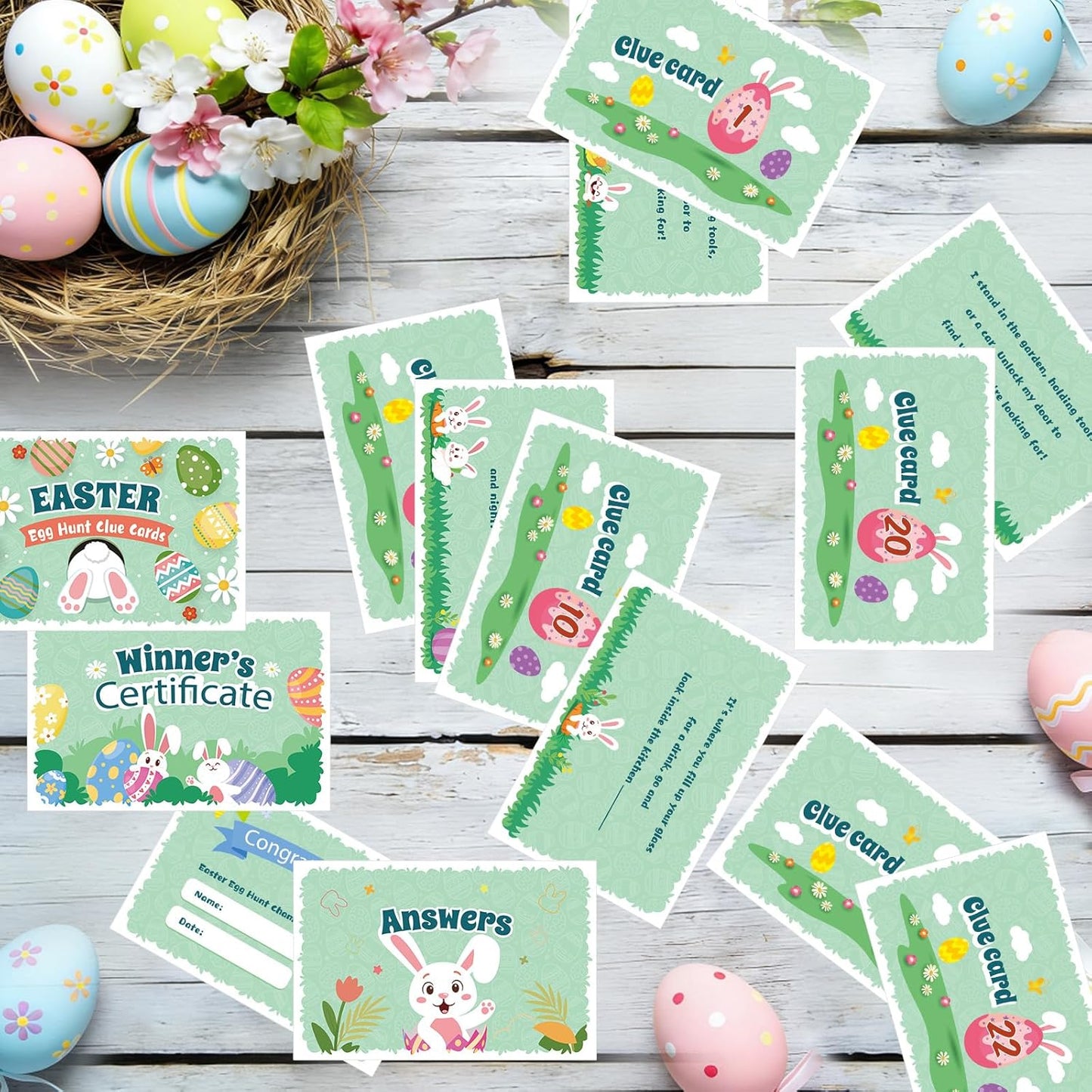 AhfuLife Easter Egg Scavenger Hunt Clue Cards for Family Friends, 27 Cards Set with Clues, Rules, Answers, Winner Cards for Easter Party Activities, Games Indoor, Easter Party Decorations Supplies
