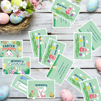 AhfuLife Easter Egg Scavenger Hunt Clue Cards for Family Friends, 27 Cards Set with Clues, Rules, Answers, Winner Cards for Easter Party Activities, Games Indoor, Easter Party Decorations Supplies