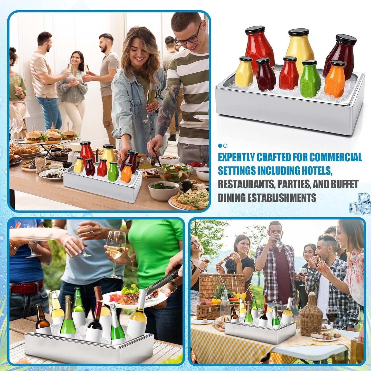 Ice Housing Bin with Removable Tray Ice Holder Container Wine Beer Champagne Drink Bucket Beverage Tub for Freezer Display Buffet Bar Counter Party Drink Chiller(Bamboo and Steel,21" X 13" X 5.5")