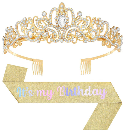 Birthday Tiara and Crown with Sash, Birthday Tiara for Women Party Silver