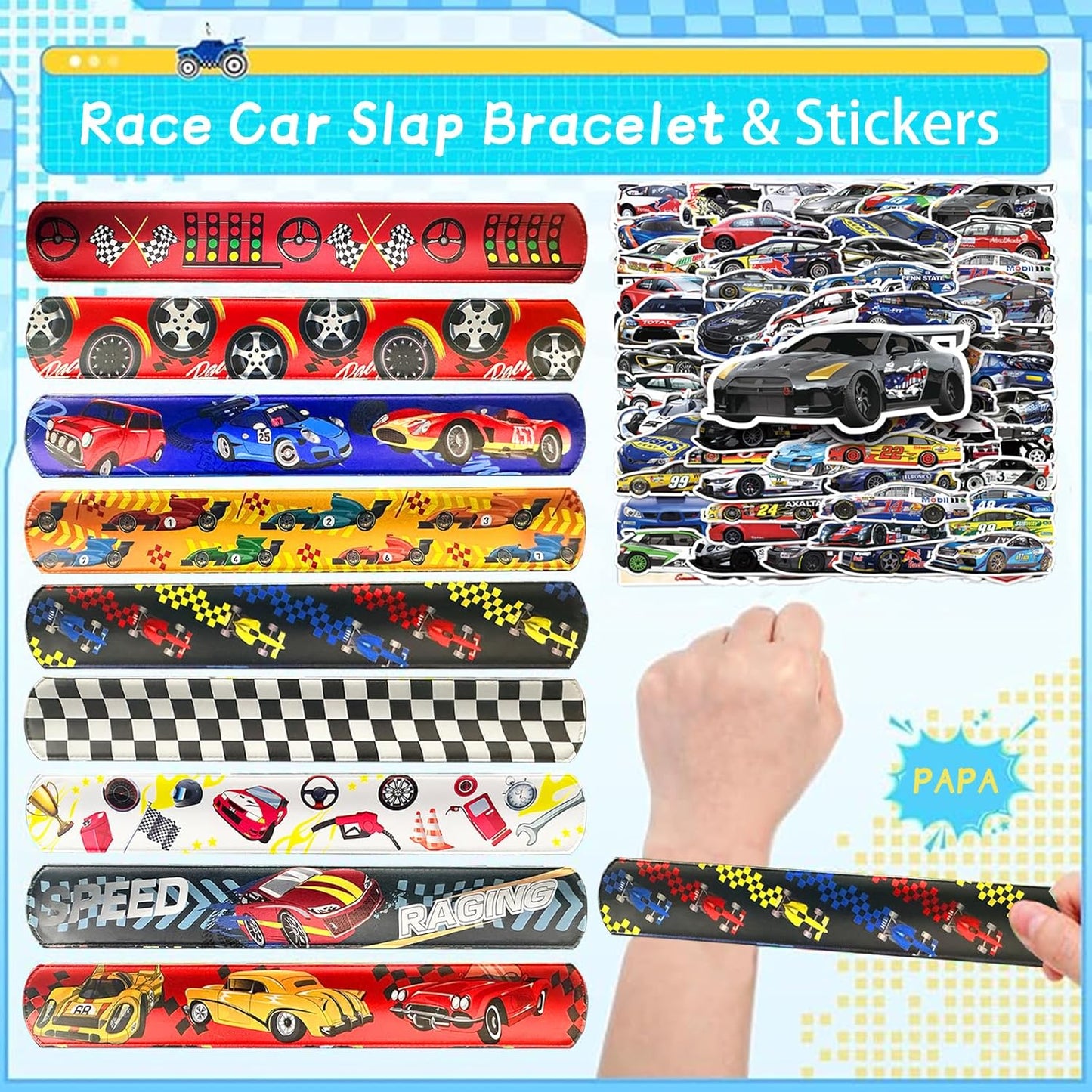 CZWXOXO 74 Pcs Racing Theme Party Favors 24 Pcs Slap Bracelets 50 Pcs Stickers Racing Birthday Party Decorations，Classroom Rewards Supplies