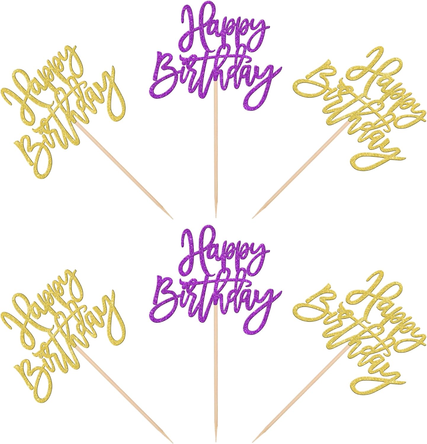 24 PCS Happy Birthday Cupcake Toppers Glitter Picks for Celebrating Anniversary Theme Party Cake Decorations Supplies Gold