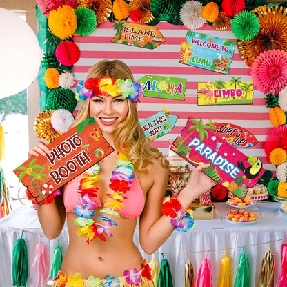 20 Pcs Luau Party Decorations Welcome Sign Summer Hawaiian Directional Signs Tropical Hawaiian Themed Birthday Decorations Luau Tiki Party Supplies with 2 Sheet Letter Stickers