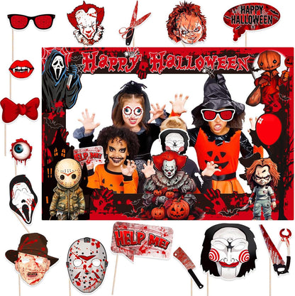 Halloween Photo Booth Props Kit, 16PCS Photo Props & Selfie Frame Halloween Party Decoration Supplies Dress Up Party Costumes Accessories for Photoshoot Selfie Props (Orange)