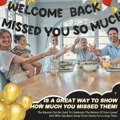 Fulmoon Pre Strung Welcome Back We Missed You So Much Banner, NO DIY, Glitter Welcome Home Celebration Decorations Family Gathering, Back to School, Military Homecoming Decoration(Dark Blue)