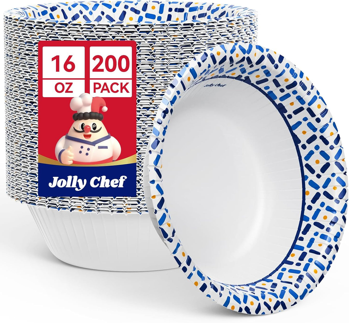 JOLLY CHEF 12 oz Paper Bowls 200 Count, Soak-Proof, Heavy Duty Small Disposable Bowls Bulk for Snacks, Desserts, Breakfast, Lunch, and Party Use