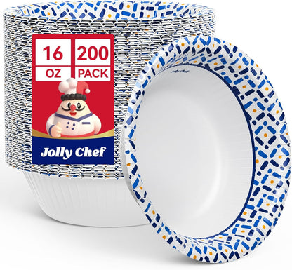 JOLLY CHEF 12 oz Paper Bowls 200 Count, Soak-Proof, Heavy Duty Small Disposable Bowls Bulk for Snacks, Desserts, Breakfast, Lunch, and Party Use