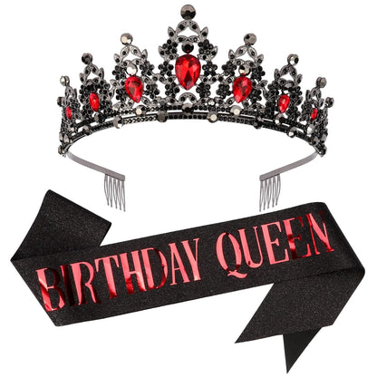 CAVETEE Red Black Birthday Crown and Sash for Women Sash & Rhinestone Tiara Set Red and Black Party Decorations Birthday Queen Crowns Tiaras for Women