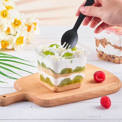 Kucoele 50 Pack 8 oz Plastic Dessert Cups with Lids and Sporks, Clear Square Cake Cups Dessert Containers for Pudding Parfait Fruit Yogurt and Shortcake